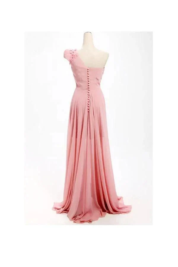 A-line One Shoulder Long Chiffon Bridesmaid Dress with Flowers BD017 - Image 2