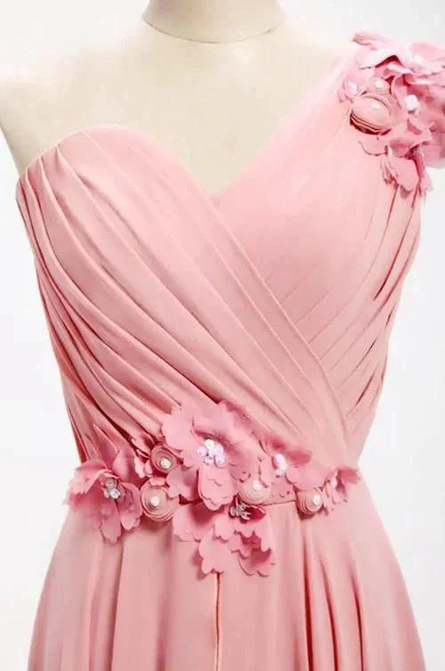 A-line One Shoulder Long Chiffon Bridesmaid Dress with Flowers BD017 - Image 4