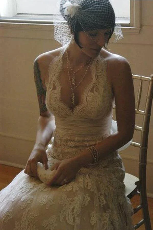 A-line Halter Neck Backless Bow Lace Wedding Dress with Court Train WD405 - Image 2