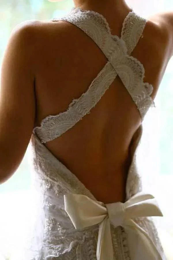 A-line Halter Neck Backless Bow Lace Wedding Dress with Court Train WD405 - Image 3