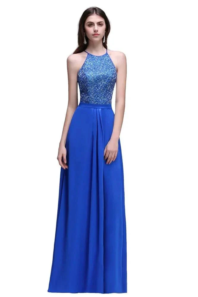 A-line Halter Neck Chiffon Royal Blue Prom Dresses with Sequins - Image 2