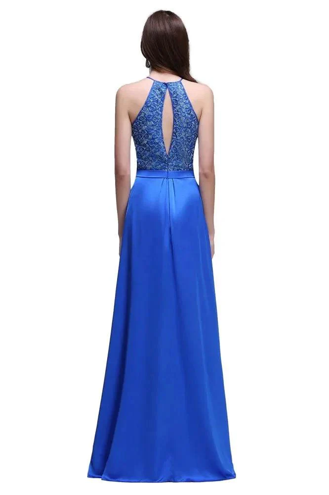 A-line Halter Neck Chiffon Royal Blue Prom Dresses with Sequins - Image 4