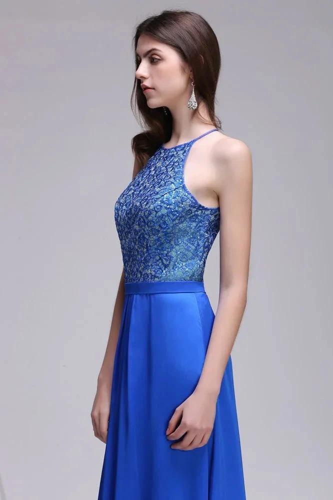 A-line Halter Neck Chiffon Royal Blue Prom Dresses with Sequins - Image 5