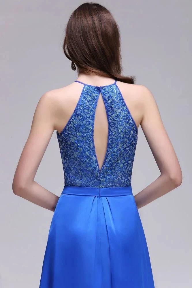 A-line Halter Neck Chiffon Royal Blue Prom Dresses with Sequins - Image 6