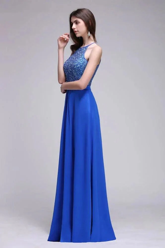 A-line Halter Neck Chiffon Royal Blue Prom Dresses with Sequins - Image 7