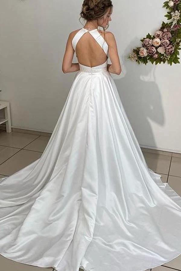 A-line Halter Neckline Backless Long Satin Wedding Dresses With Beading Belt WD562 - Image 2