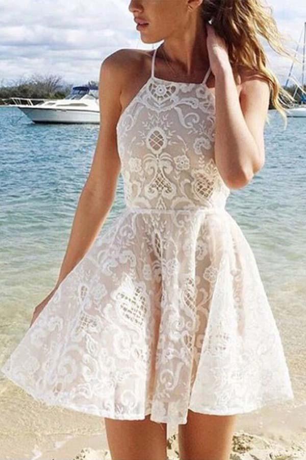 A-line Ivory Criss-Cross Straps Lace Sleeveless Homecoming Dress PD015 - Image 3