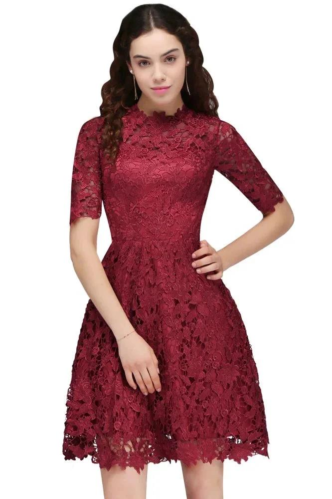 A-Line Halter Short Lace Burgundy Homecoming Dresses - Image 3