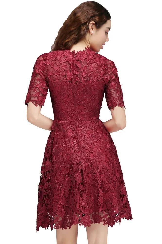 A-Line Halter Short Lace Burgundy Homecoming Dresses - Image 4