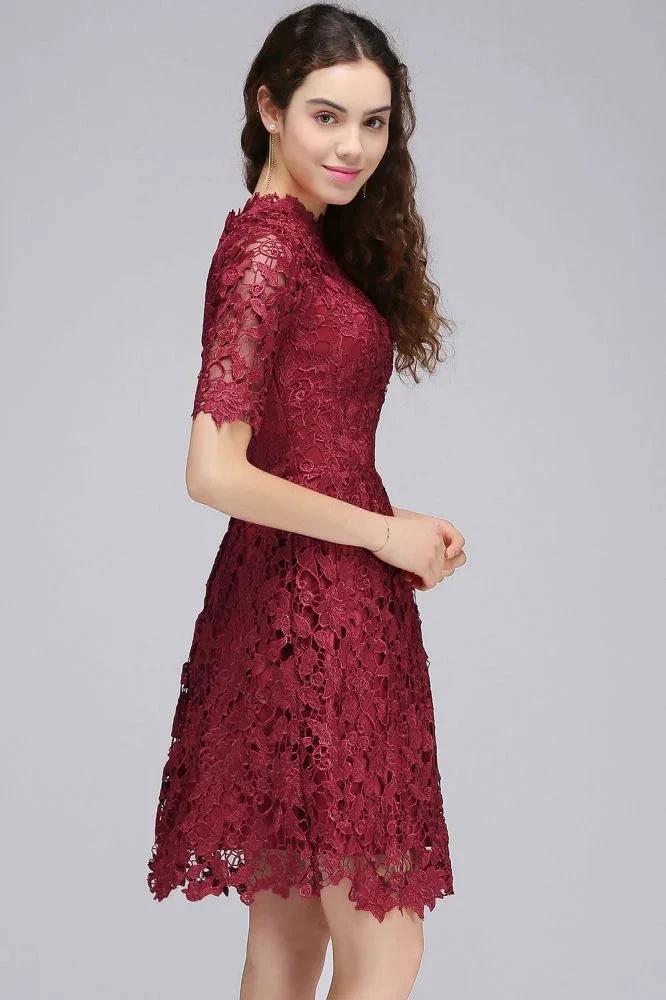 A-Line Halter Short Lace Burgundy Homecoming Dresses - Image 5