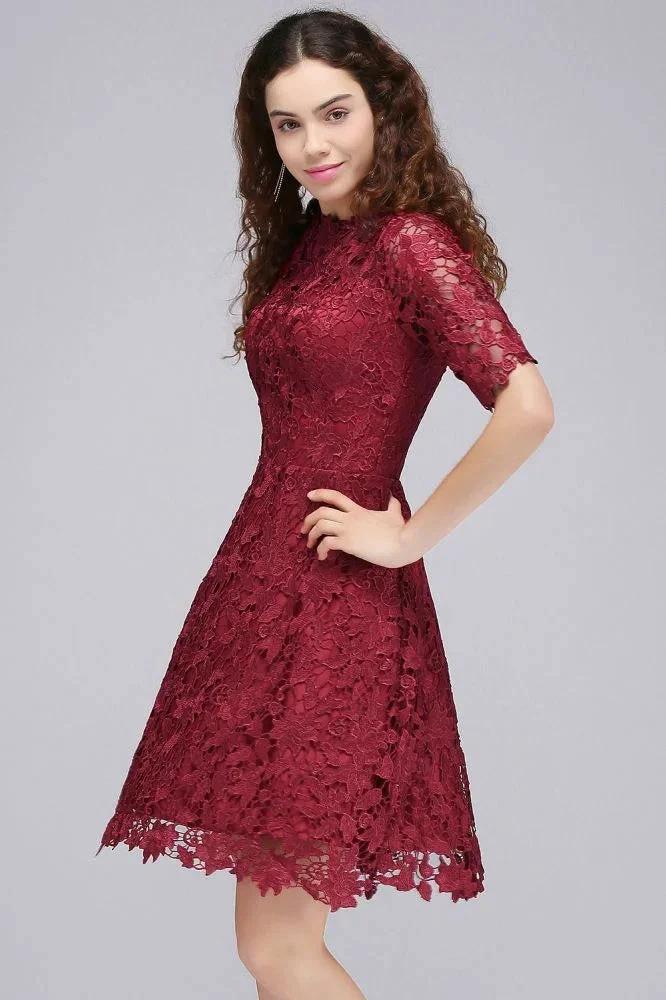 A-Line Halter Short Lace Burgundy Homecoming Dresses - Image 6