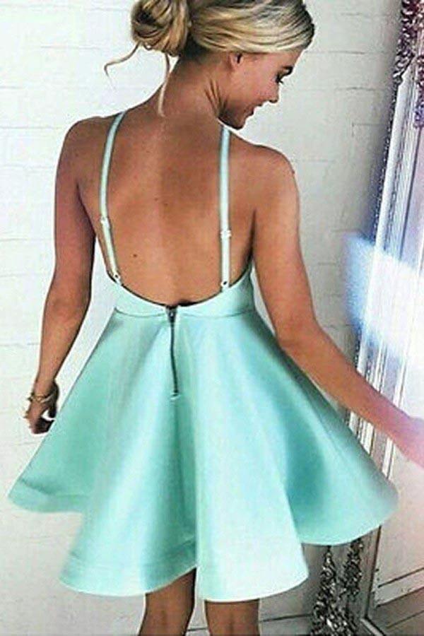 A-line Halter Short Mint Satin Homecoming Dress with Ruched  PD007 - Image 2