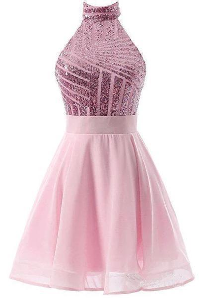 A-Line Halter Short Pink Chiffon Homecoming/Cocktail Dress with Sequins PD064 - Image 7