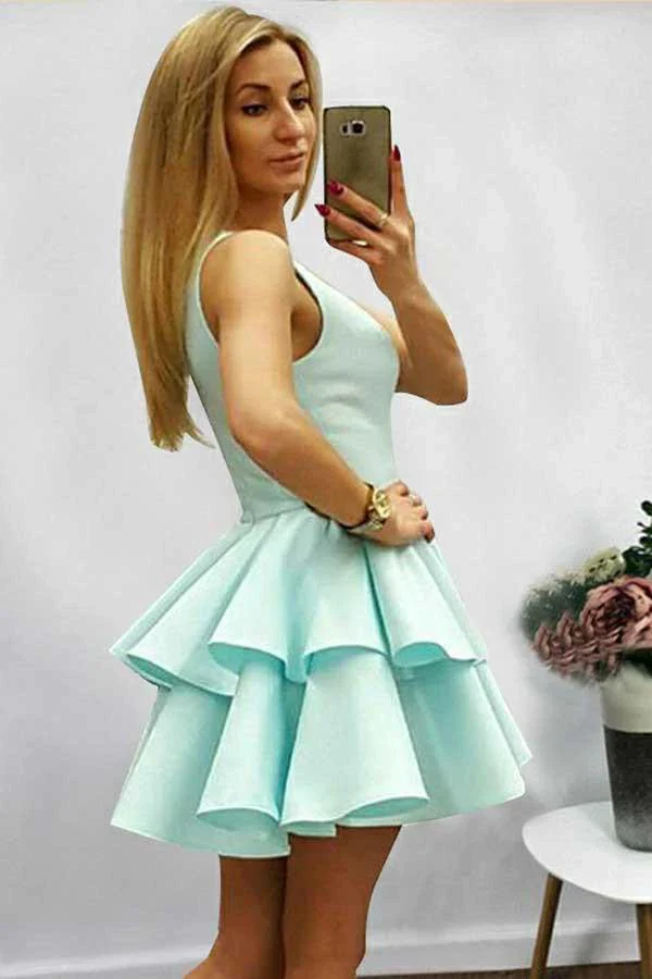 A-Line Halter Short Sleeveless Mint Satin Homecoming Dress with Ruffles PD085 - Image 2