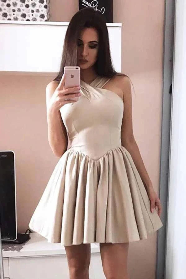 A-Line Halter Sleeveless Satin Short Prom Dress Homecoming Dresses PD051 - Image 2
