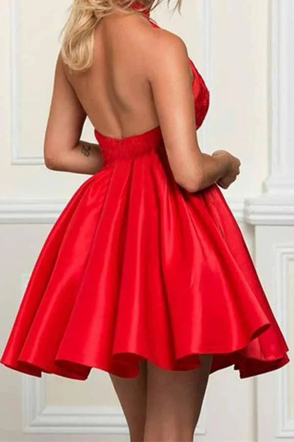 A-line Halter Sleeveless Short Red Satin Homecoming Dress with Lace  PD050 - Image 2