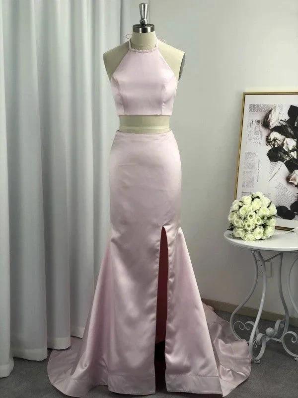 A-Line Halter Sleeveless With Ruffles Satin Two Piece Prom Dresses - Image 4