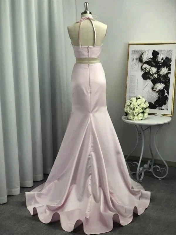 A-Line Halter Sleeveless With Ruffles Satin Two Piece Prom Dresses - Image 5