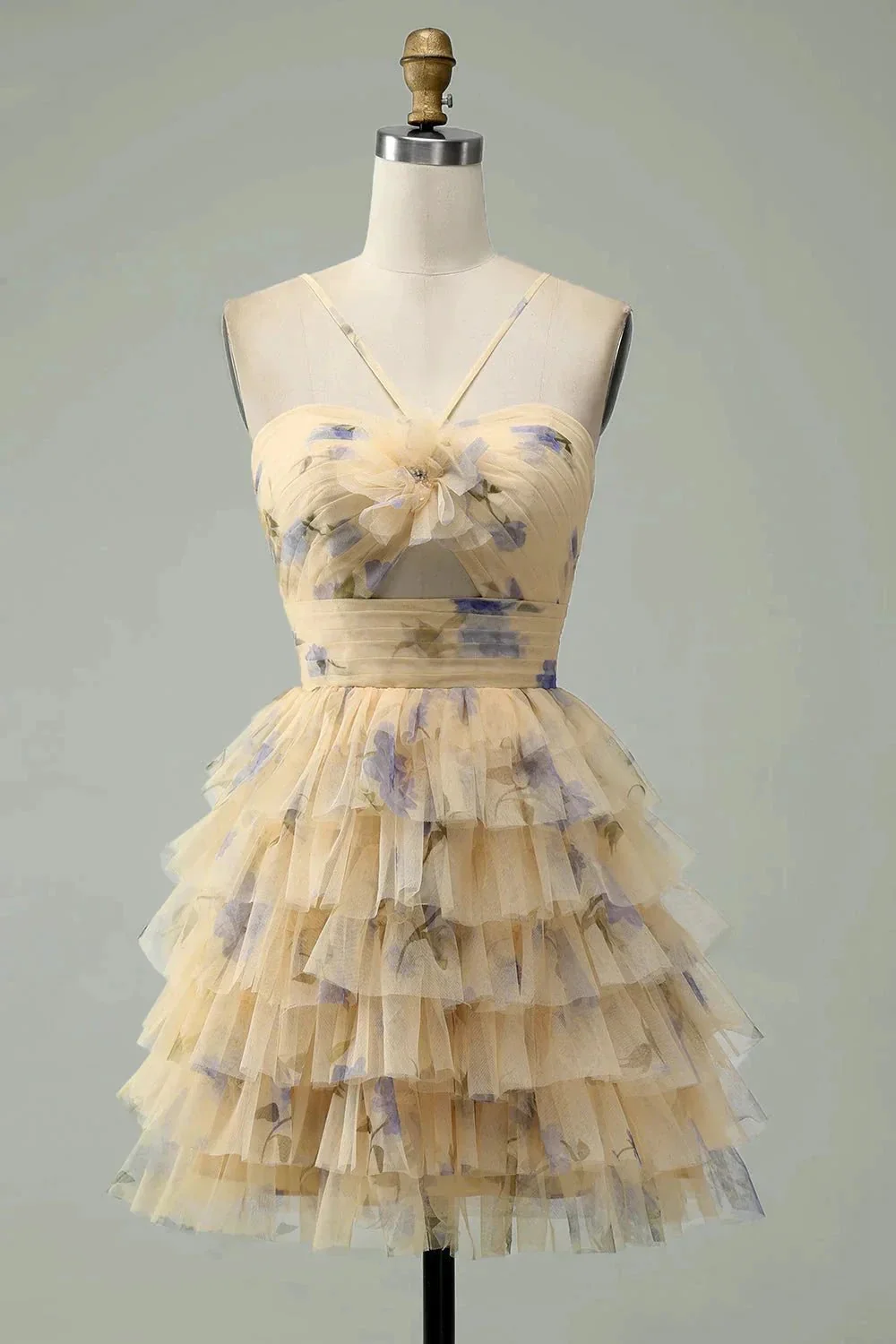 A Line Halter Tiered Print Short Yellow Flower Homecoming Dress - Image 7