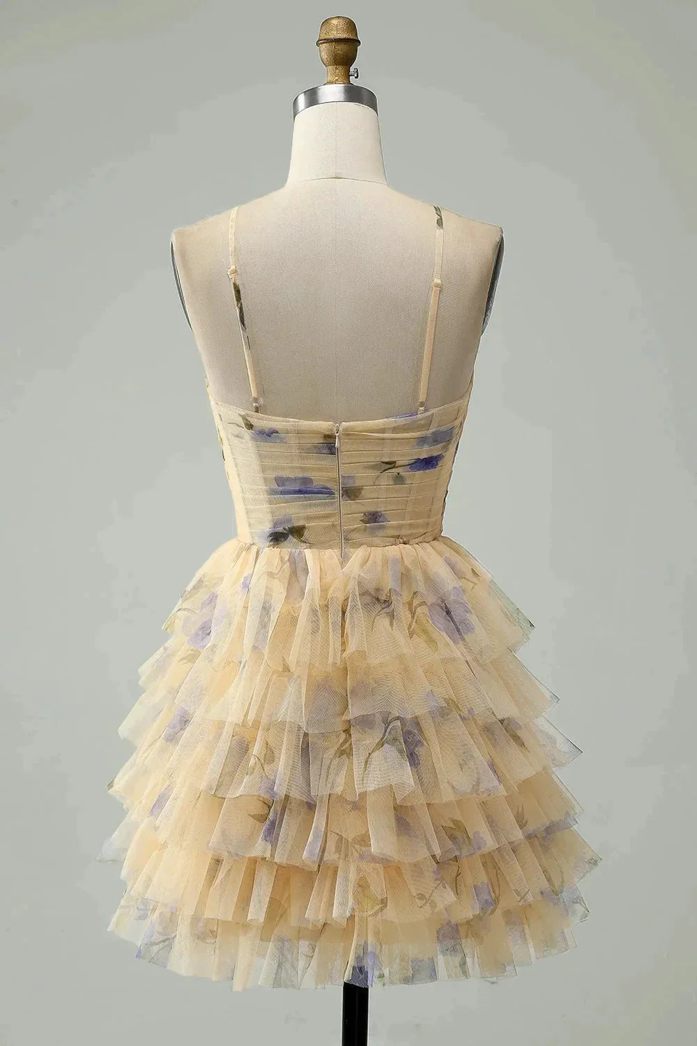 A Line Halter Tiered Print Short Yellow Flower Homecoming Dress - Image 8