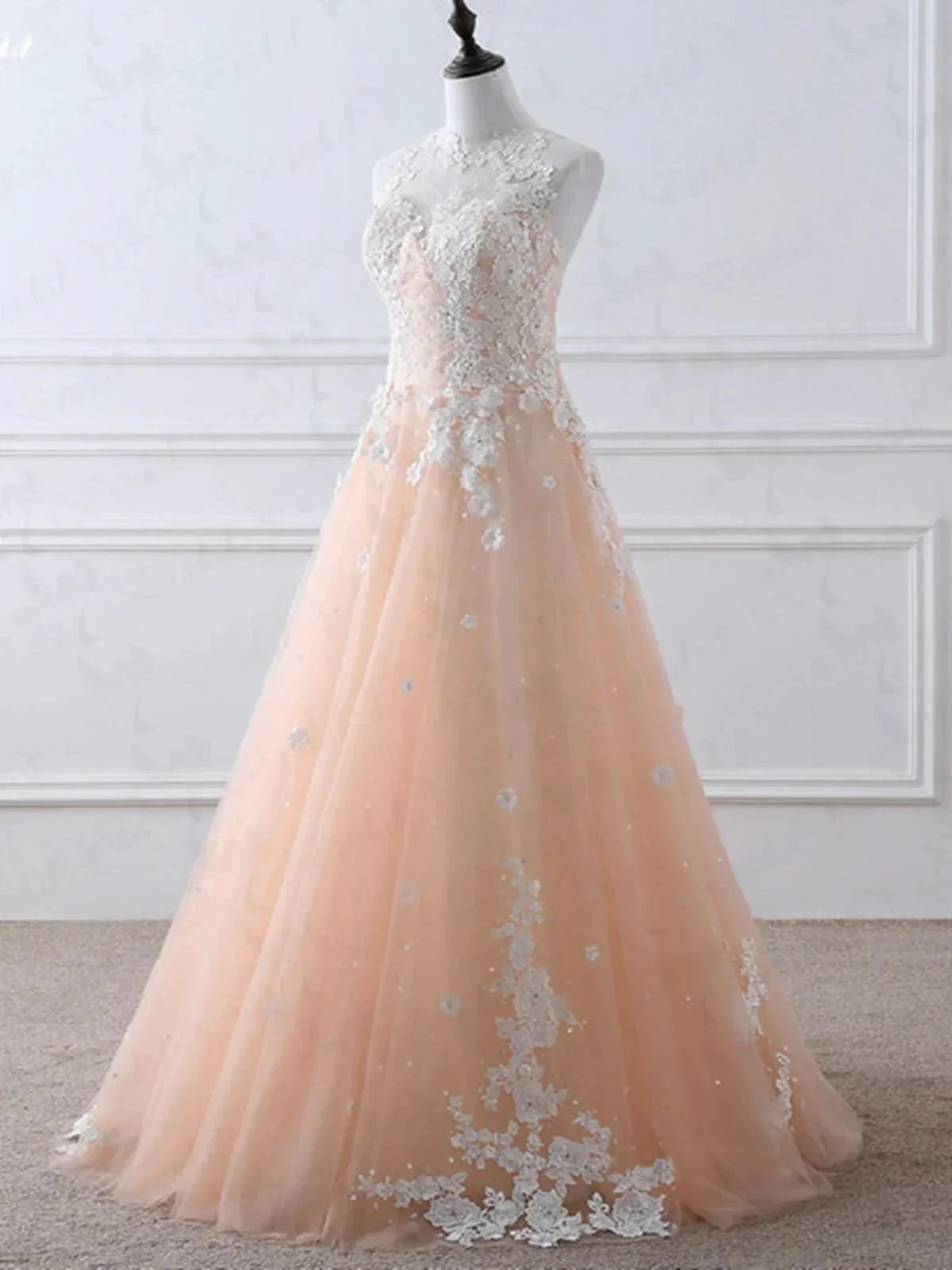 A-line High Neck Lace Appliques Tulle Long Prom Formal Evening Dresses - Image 2
