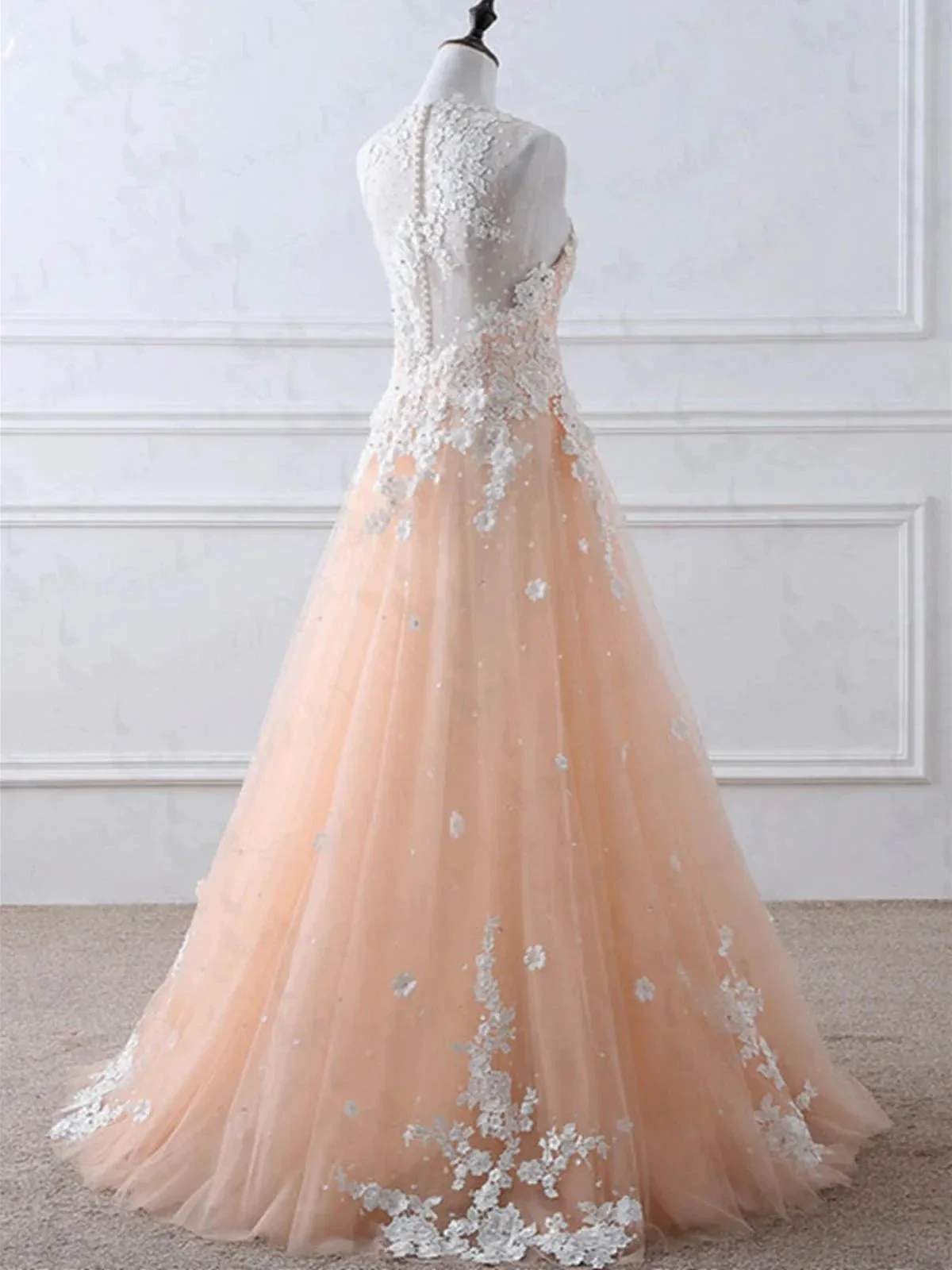 A-line High Neck Lace Appliques Tulle Long Prom Formal Evening Dresses - Image 3