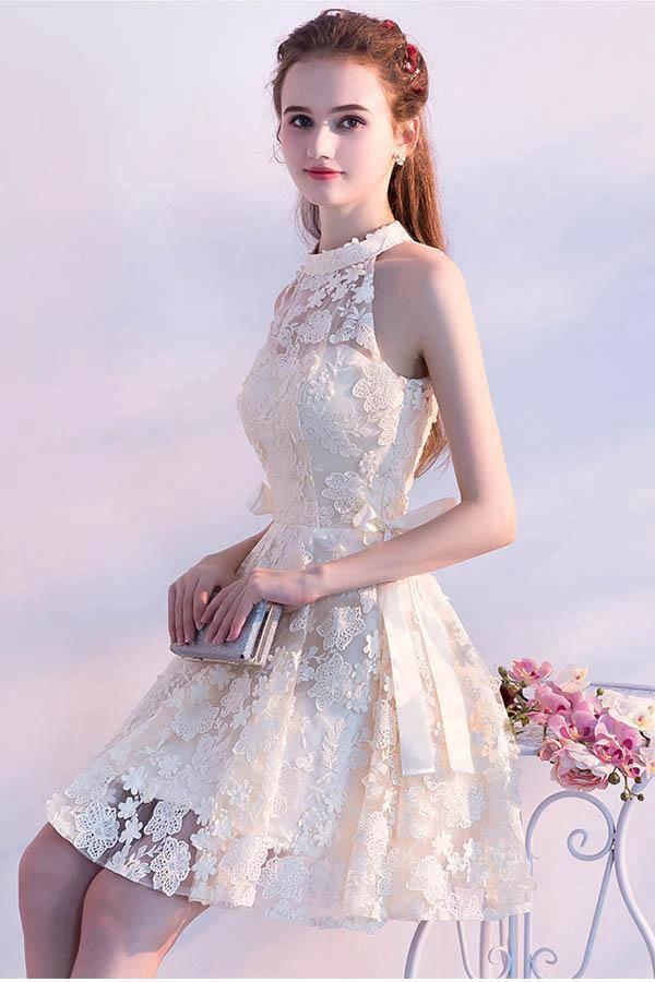 A-line High Neck Lace Sleeveless Party Dresses Homecoming Dresses PD118 - Image 2
