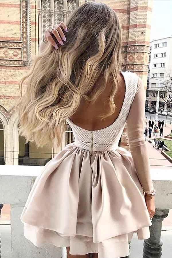 A-Line High Neck Long sleeves Homecoming Dress with Appliques Sleeves PD117 - Image 2