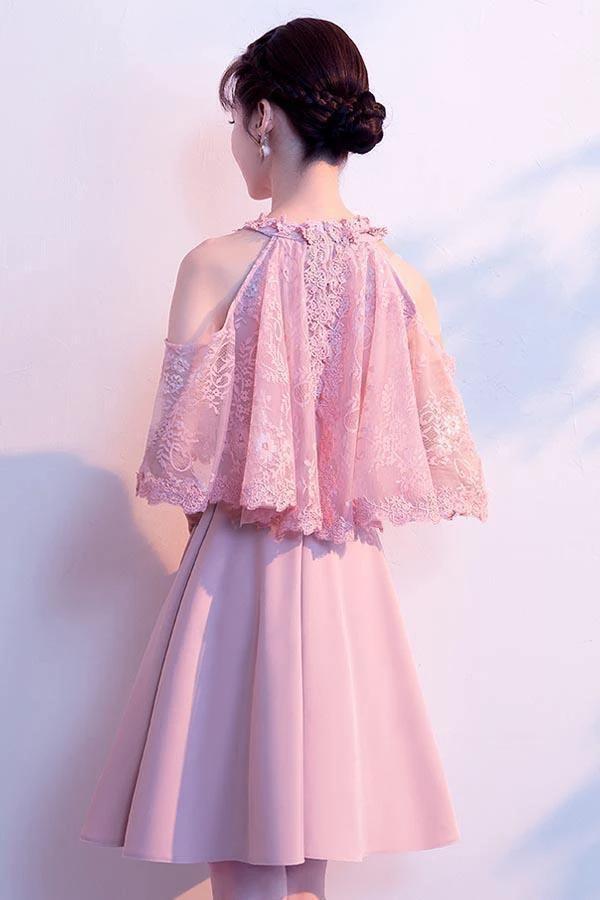 A-line High Neck Satin Pink Homecoming Dresses Party Dresses PD089 - Image 2