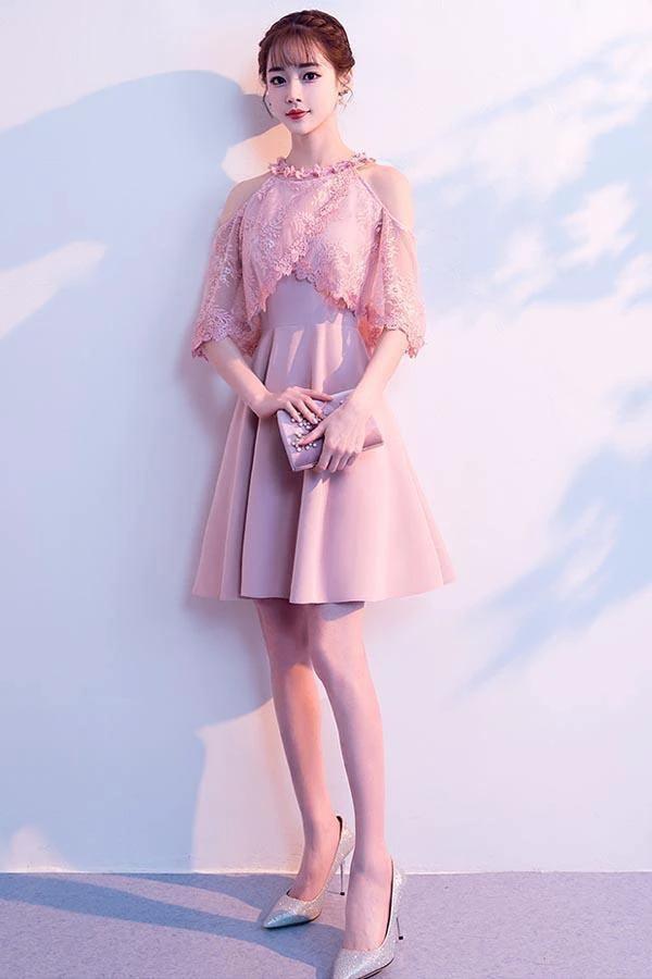 A-line High Neck Satin Pink Homecoming Dresses Party Dresses PD089 - Image 3