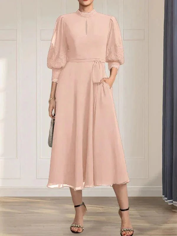 A-line High Neck Tea-Length Lace Chiffon Mother of the Bride Dress With Bow - Image 11