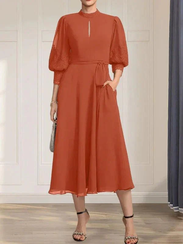 A-line High Neck Tea-Length Lace Chiffon Mother of the Bride Dress With Bow - Image 12
