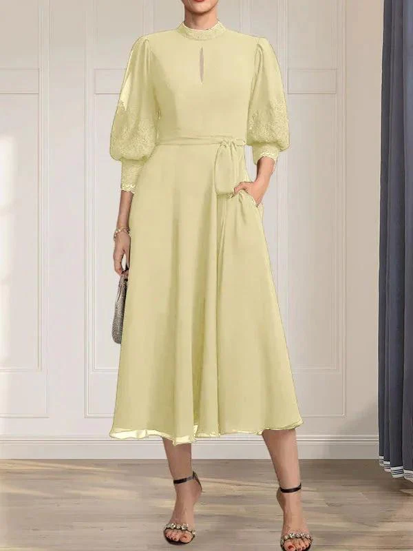 A-line High Neck Tea-Length Lace Chiffon Mother of the Bride Dress With Bow - Image 13
