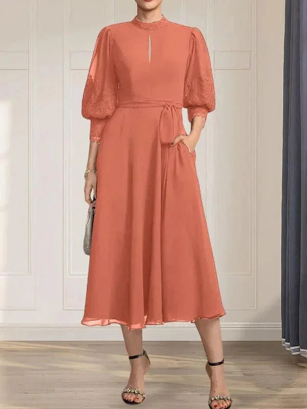 A-line High Neck Tea-Length Lace Chiffon Mother of the Bride Dress With Bow - Image 14