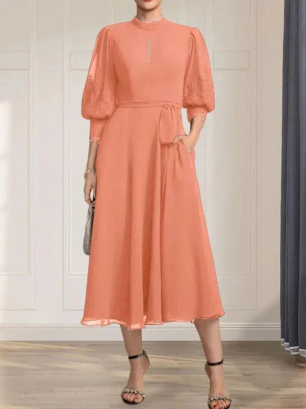 A-line High Neck Tea-Length Lace Chiffon Mother of the Bride Dress With Bow - Image 15