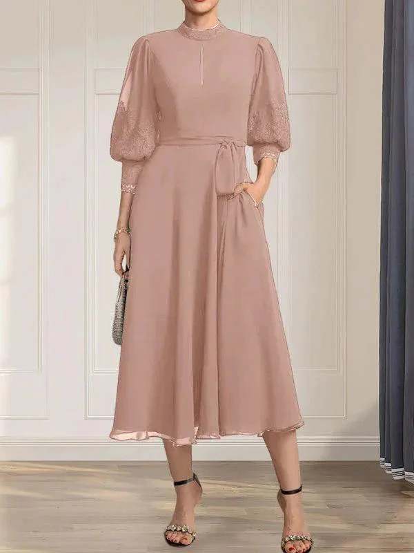 A-line High Neck Tea-Length Lace Chiffon Mother of the Bride Dress With Bow - Image 16