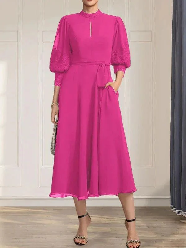 A-line High Neck Tea-Length Lace Chiffon Mother of the Bride Dress With Bow - Image 17