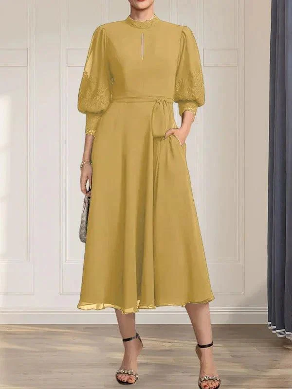 A-line High Neck Tea-Length Lace Chiffon Mother of the Bride Dress With Bow - Image 18