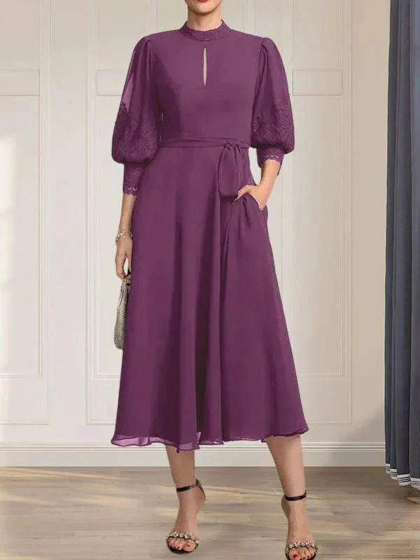 A-line High Neck Tea-Length Lace Chiffon Mother of the Bride Dress With Bow - Image 19