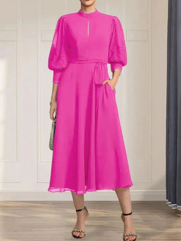 A-line High Neck Tea-Length Lace Chiffon Mother of the Bride Dress With Bow - Image 20