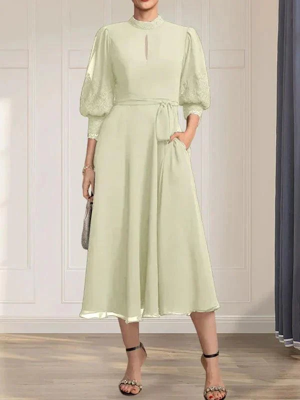 A-line High Neck Tea-Length Lace Chiffon Mother of the Bride Dress With Bow - Image 21