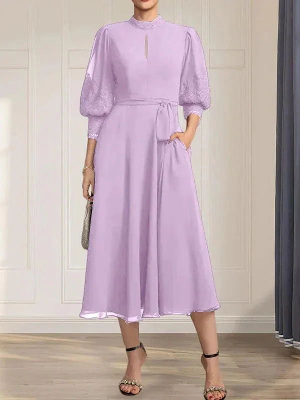 A-line High Neck Tea-Length Lace Chiffon Mother of the Bride Dress With Bow - Image 23