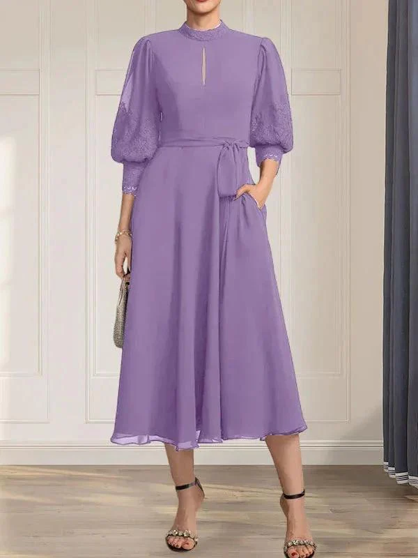 A-line High Neck Tea-Length Lace Chiffon Mother of the Bride Dress With Bow - Image 24