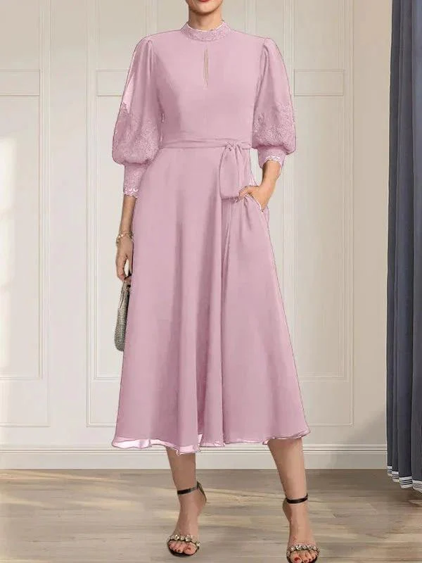A-line High Neck Tea-Length Lace Chiffon Mother of the Bride Dress With Bow - Image 25