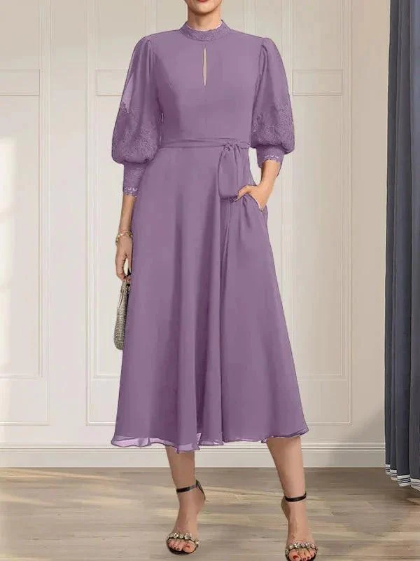 A-line High Neck Tea-Length Lace Chiffon Mother of the Bride Dress With Bow - Image 26