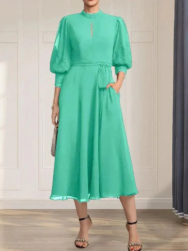 A-line High Neck Tea-Length Lace Chiffon Mother of the Bride Dress With Bow - Image 27