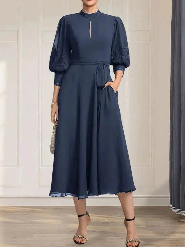 A-line High Neck Tea-Length Lace Chiffon Mother of the Bride Dress With Bow - Image 28