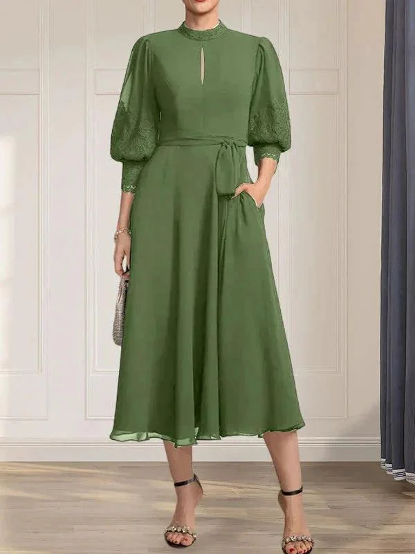 A-line High Neck Tea-Length Lace Chiffon Mother of the Bride Dress With Bow - Image 29