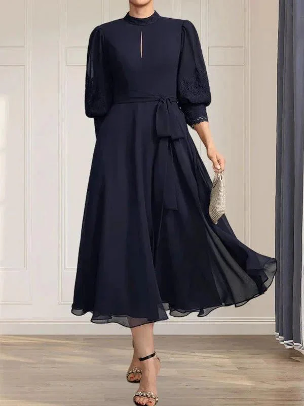 A-line High Neck Tea-Length Lace Chiffon Mother of the Bride Dress With Bow - Image 3