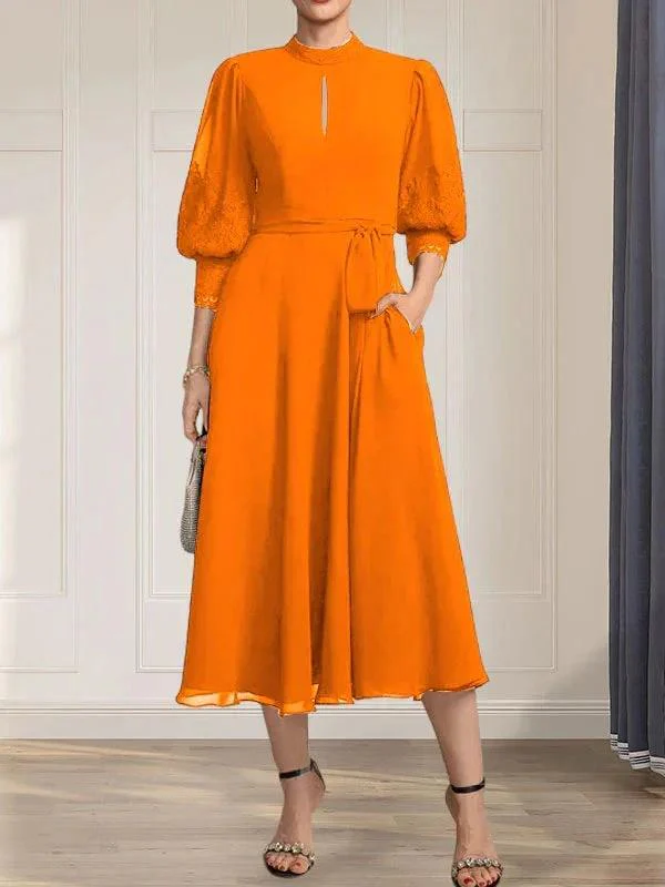 A-line High Neck Tea-Length Lace Chiffon Mother of the Bride Dress With Bow - Image 30